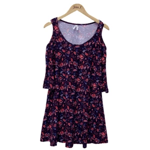 MUDD Red Floral Cold Shoulder Sleeve Mini Dress Size M Scoop Neck Layered Casual - Picture 1 of 7