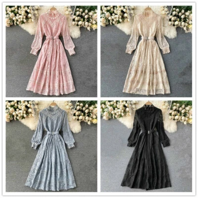 Damen Blumen Langärmliges Kleid Spitze Maxi Puffärmel Hohl Out Cosplay Kostüm - Bild 1 von 4