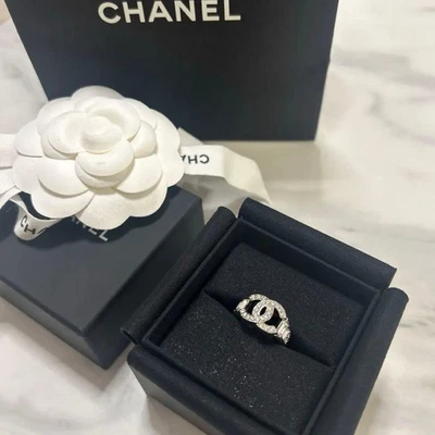 CHANEL Ring Coco Mark CC Logo Silver Tone/Rhinestone EU52 US6 W/Box Near Mint - Image 1 of 4
