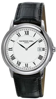 Reloj para hombre Raymond Weil Genève tradicional esfera blanca cuero de cocodrilo negro Foto 1 de 2