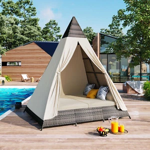 90.5" Outdoor Sunbed w/Pillows, Wicker Patio Daybed With Cushions, Tent Shape - Picture 1 of 35