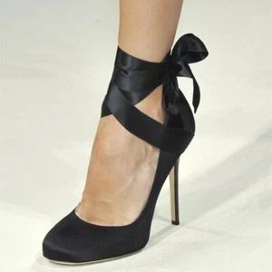 🆕  Black Satin Round Toe Pumps Shoes Strap Stiletto Heels 👠  8.5 - Picture 1 of 6