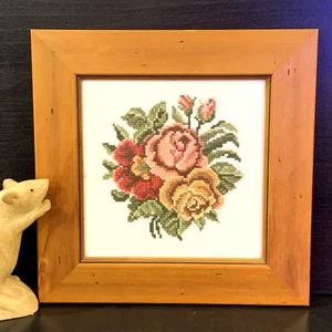 Professionally Framed ROSE POSEY CROSS STITCH 24x24cm Hand Embroidery - Picture 1 of 5