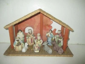 Vtg Complete Nativity Scene Set Wood Creche With 10 Attached Ceramic Figures - Picture 1 of 1