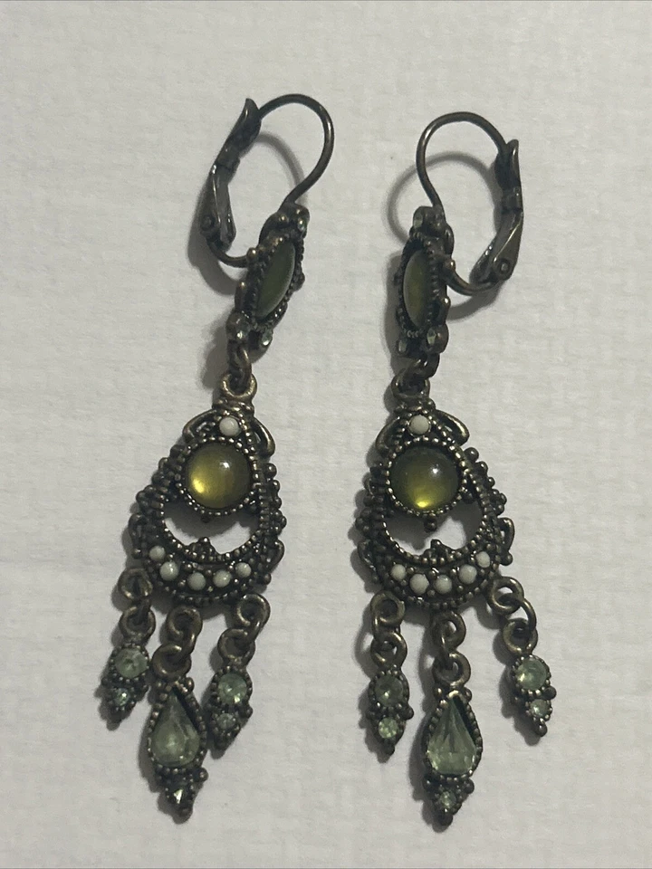 Vintg 30s Earrings Chandelier Signed w/StarSpain Pearls Opalescent Peridot Green - Image 1 of 4