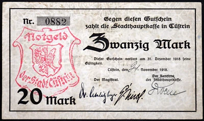 CÜSTRIN / KÜSTRIN / KOSTRZYN Nov 21 1918 RARO 20 Mark Grossnotgeld Polonia Alemana Foto 1 de 2