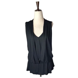 Trina Turk Shirt Women Medium Black V Neck Draped Peplum Top Whimsygoth Gothic - Picture 1 of 9