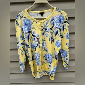 Maglione cardigan uccellino floreale giallo Talbots taglia S arte asiatica - Foto 1 di 4
