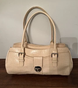 LIZ CLAIBORNE Cream Croc Embossed Faux Leather Top Handle  Bag East-West - Picture 1 of 17