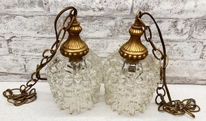Vintage MCM Hollywood Regency Pendant Hanging Swag Light Pair Diamond Cut Glass - Picture 1 of 7