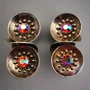 Vtg MCM AB Rhinestone Earrings Atomic Climber 60s Red Orange Pink Gold Tone Clip - Picture 1 of 9