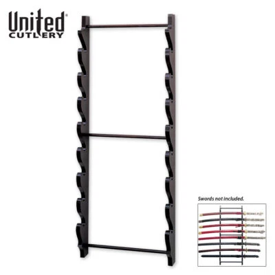 8 Tier Sword Wall Display Stand Rack Black Full Size Wood Hanger Katana Holder - Image 1 of 2