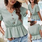 Green Polka Dot Blouse with Short Ruffle Sleeves for Women Button Down