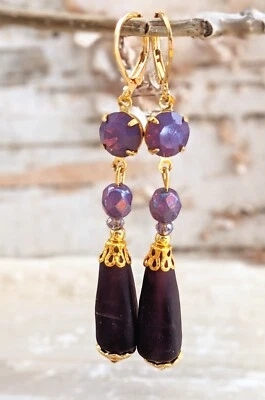 Victorian Matte Purple & Swarovski Crystal Amethyst Opal In 18K GP  Earrings  - Image 1 of 4