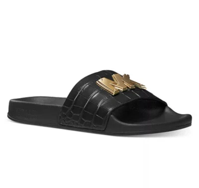 Women Michael Kors MK Gilmore Slide Sandals PU Black Big MK Golden Tone Logo - Image 1 of 4