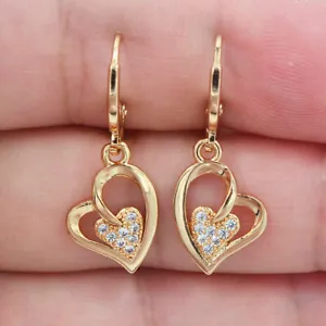 Cute New Yellow Gold Filled Heart w/ White Clear CZ Accents Dangle Drop Earrings - Picture 1 of 1