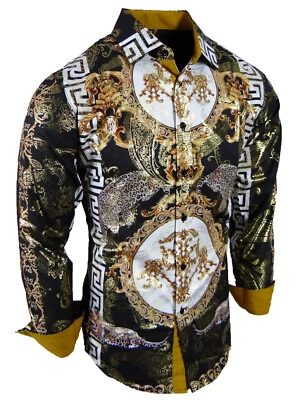 Camisa Para Hombre Lujo Estampado Animal Leopardos Dorado Italiano Floral Elastizada Abotonada Foto 1 de 2