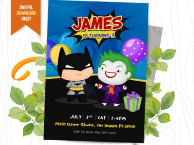 Batman DIGITAL Invite + FREE Thank You Card, Joker Party Card - YOU PRINT - Image 1 of 2