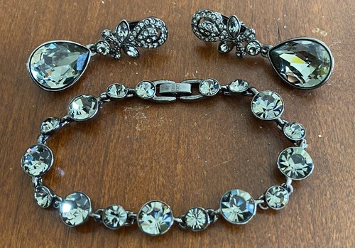 Set orecchini vintage Givenchy cristallo fumè strass anticato bracciale e clip