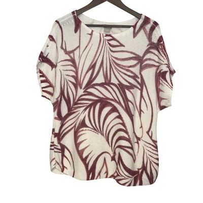 Suéter Top Chico's Blanco Rojo Estampado Tropical Mezcla de Lino Tejido Manga Corta 3 XL Foto 1 de 4