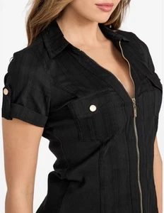 NWT GUESS Amaya Cotton Blend Zip-Front Short Sleeve Pockets Top Small - Picture 1 of 8
