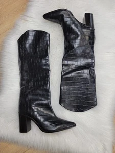 Schutz Maryana Black Crocodile Pointed Toe Block Heel Tall Boot Women's Size 8.5 - Picture 1 of 15