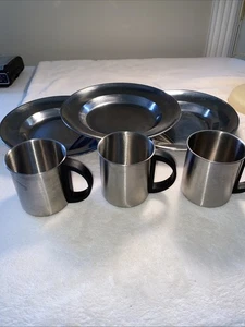 Set of 3 Stainless Steel 18-8  Coffee Mugs &3 SS Plates Camping Travel Outdoors - Picture 1 of 11