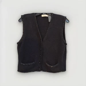Vintage Liz Claiborne Collection Black Beaded Lambswool & Angora Vest Womens M - Picture 1 of 13