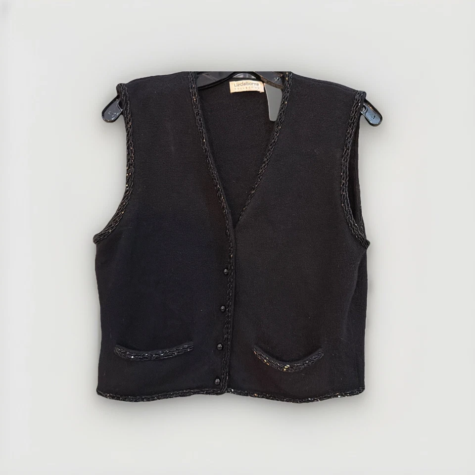 Chaleco De Colección Liz Claiborne Colección Negro Con Cuentas Lana de Cordero y Angora Para Mujer M Foto 1 de 4