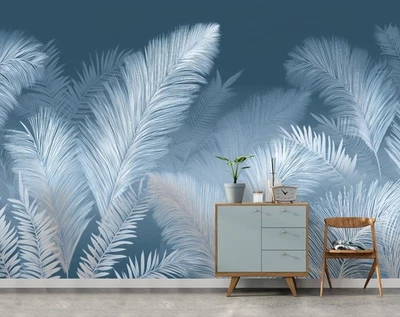 Photo Wallpaper Leaves Nature White Blue Modern FLEECE WALLPAPER XXL + PASTE 490 - Image 1 of 4