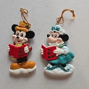 Vtg Ceramic Mickey Minnie Mouse Christmas Ornament Japan To My Mom & Dad 3.5" - Picture 1 of 6