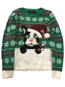 It's Our Time Girls Green Sequin Santa Dog Holiday Christmas Sweater Small 6-6X - Picture 1 of 2