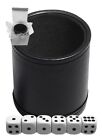 Black Pu Leather Black Felt Lined Dice Cup + (6) 16Mm White Pip Dice Gift Boxed