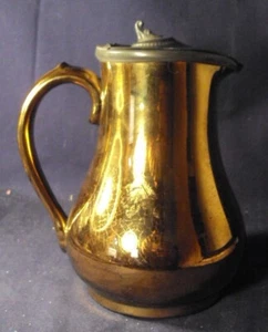 Copper Luster syrup pitcher molasses can pewter top pottery - Picture 1 of 6