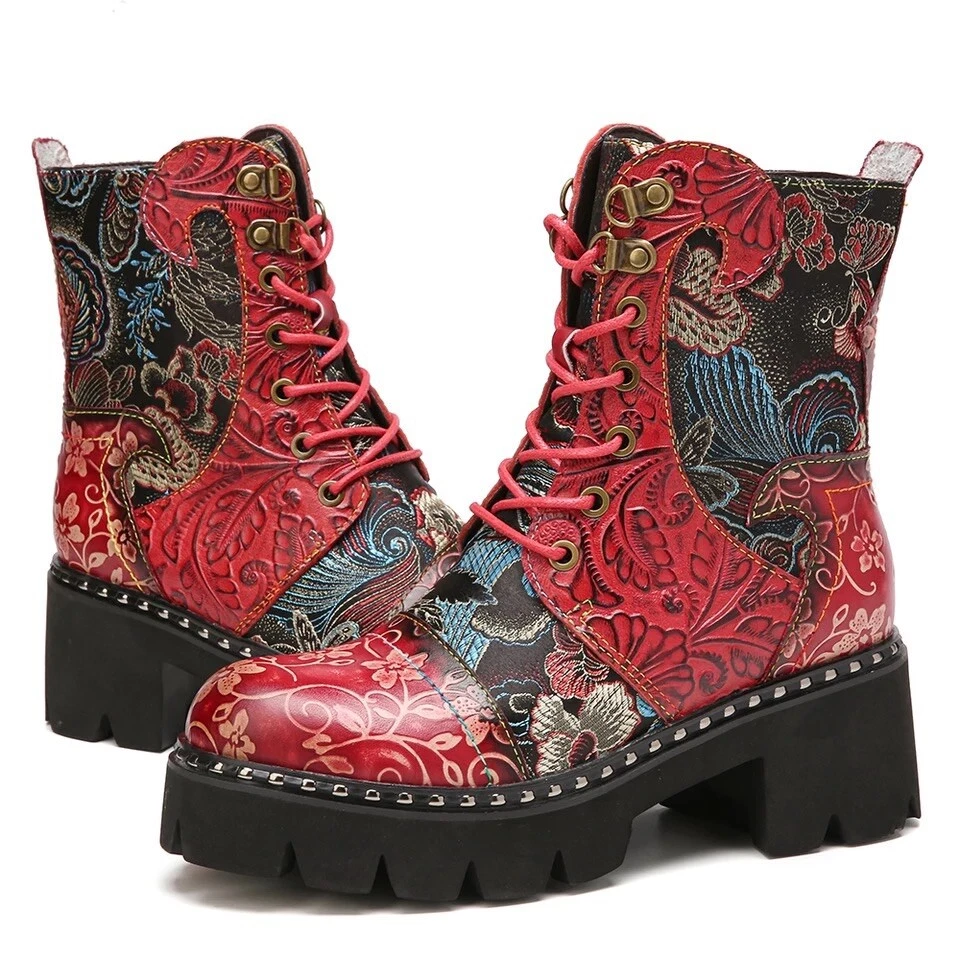 botas retro estampado floral rojo puntera plana redonda talla 8 bordado Foto 1 de 4