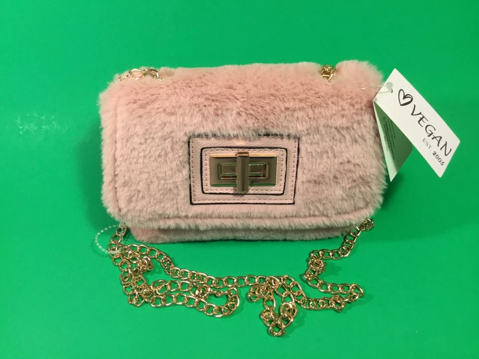 VEGAN Woman’s Handbag Faux Fur Pink w/Gold - Image 1 of 4