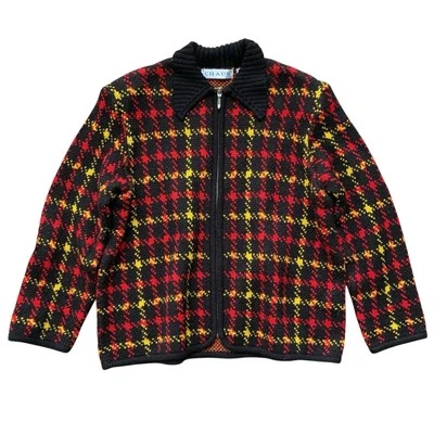Chaus Merino Wool Blend Plaid Gingham Knit Zip Sweater Jacket Black Red Size L - Image 1 of 4