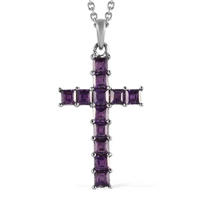 Pendant Necklace Women Chain Cross Dainty Square Purple Amethyst Size 20" Ct 1.4 - Image 1 of 4