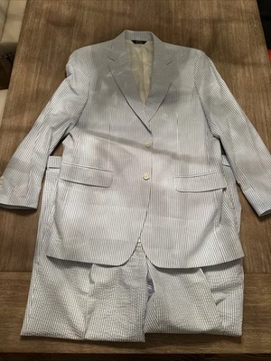 NEW Paul Fredrick Men’s 100% Cotton 2-Button Suit Blue Seersucker • 42L | 39x30 - Image 1 of 4