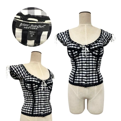 Blusa vintage Y2K Betsey Johnson New York blanca y negra guinga bustier talla 10 Foto 1 de 4