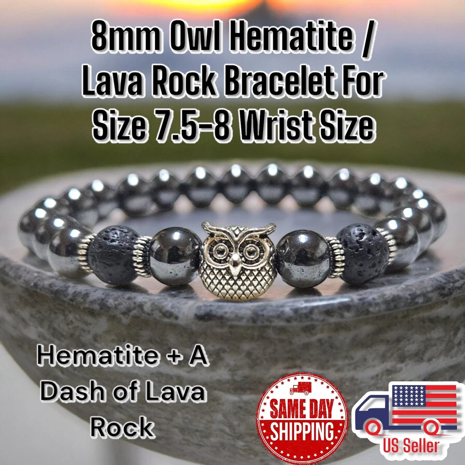 Pulsera de muñeca de búho enchapada en plata elástica pesada Hematite A++ 8 mm talla 7,5-8" Foto 1 de 1
