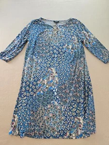 MSK Dress Womens Size 2X Blue Peacock Feather Print Stretch Front Ring Accent - Picture 1 of 10