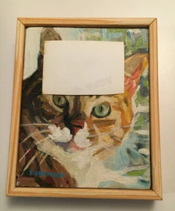 Quadro olio gatto originale 4x5 tela in legno cornice Susan Johnson - Foto 1 di 3