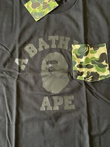 A Bathing Ape Mens Black Bape College T Shirt Green Camo Pocket Tee - Picture 1 of 5