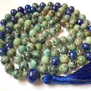 8mm Natural African Turquoise 108 Beads Tassel Knotted Pray bracelet Dark Matter