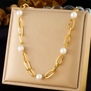 Moda Chapado en Oro 18K Acero Inoxidable Collar Perla Eslabón Cadena Mujeres Joyería - Imagen 1 de 6