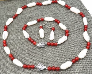 8-20mm White Biwa Pearl 6mm Red Jade Necklace Bracelet Earrings Jewelry Set - Picture 1 of 4