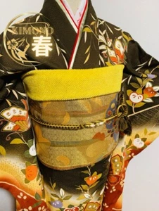 Juego de 4 kimono japonés FURISODE.seda pura.oro negro.165 cm.+fukuro obi.etc. - Imagen 1 de 6