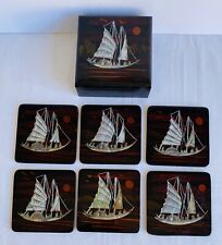 MOTHER OF PEARL Sailing Boat Canoe Set 6 Vintage Wood Coasters Art Wooden VGC