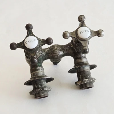 Antique Faucet Hot Cold Porcelain Inset Cross Knobs Estate Salvage Farmhouse 6" - Image 1 of 4
